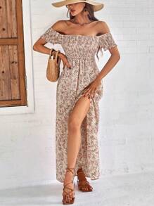 Breezaya Đầm Maxi hở vai hở vai họa tiết hoa mùa hè cho kỳ nghỉ bãi biển dành cho nữ - Màu be - Xem 3