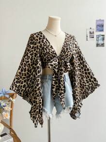 Soleia Casual Vacation Tie-Front Flare Sleeve Ruffle Cuff Leopard Print Shirt - Multicolor - View 4