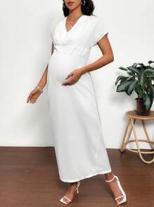 SHEIN Maternity Solid V-Neck Batwing Sleeve Elegant Dress - White - View 1