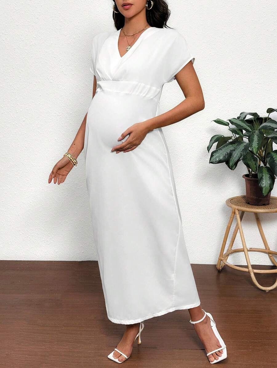 SHEIN Maternity Solid V-Neck Batwing Sleeve Elegant Dress - White - View 1