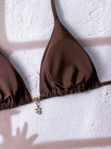 SHEIN Swim Springbreak Women's Solid Color Metal Pendant Decoration Simple Bikini Top, Summer - Coffee Brown - View 5