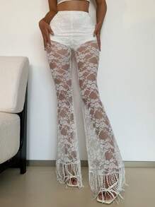 Comfortcana Women's Lace Sheer See-Through Flare Leg Pants - White - View 3