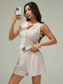 SHEIN PETITE 2 件套女士 V 领无袖纽扣衬衫和宽松休闲短裤套装两件套 V 领背心套装女士秋冬办公室服装