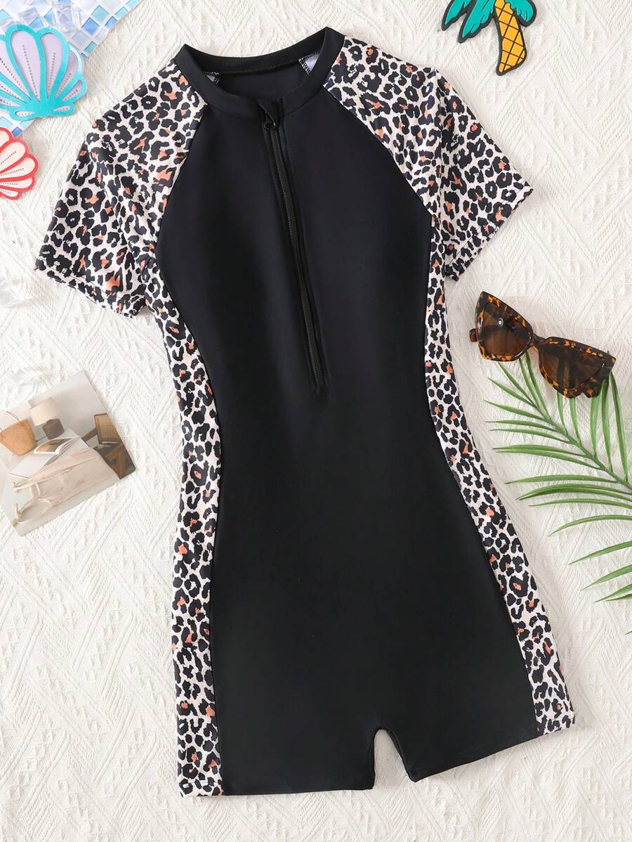 SHEIN Teen Girls Leisure Vacation Swim Summer Beach Black Patchwork Leopard Print Zipper One Piece Swimsuit,Summer Beach - Black - View 1