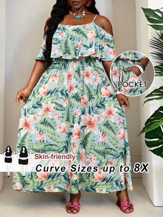 SHEIN CURVE+ 大码女式热带印花露肩褶皱夏装、度假连衣裙、加大码曲线连衣裙、波西米亚风度假海滩装/沙滩裙/海滩度假装/海滩必备品/毕业/茶会礼服