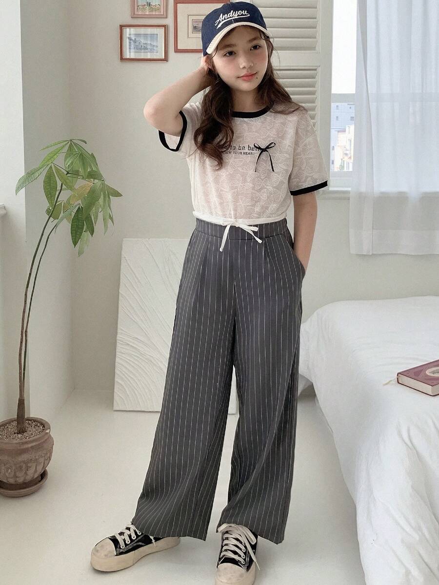 DAZY Pantalones largos de niña preadolescente/niñas preadolescentes con bloqueo de color de rayas tejidas, para primavera y verano - Gris - Ver 1
