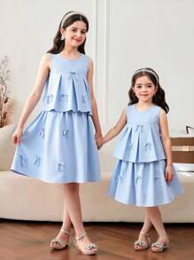 SHEIN Tween Girls Comfort Solid Color Crew Neck Sleeveless Top And A-Line Skirt Set - Blue - View 2