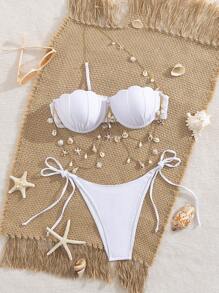 Swim Vcay 2pcs Women Spring & Vacation Leisure White Seashell Pattern Bikini Set With Gold Chain Shoulder Strap For Summer - White - View 5