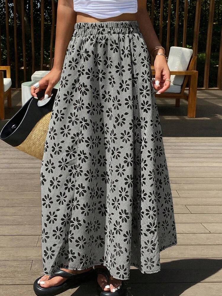 Women's Ditsy Floral Casual Umbrella Mid-Length Skirt, Summer Boho