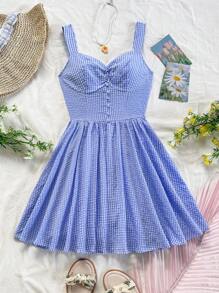 Soleia 夏季度假女士休闲浪漫格纹蕾丝拼接细肩带喇叭迷你连衣裙 - 藍色 - 查看 1