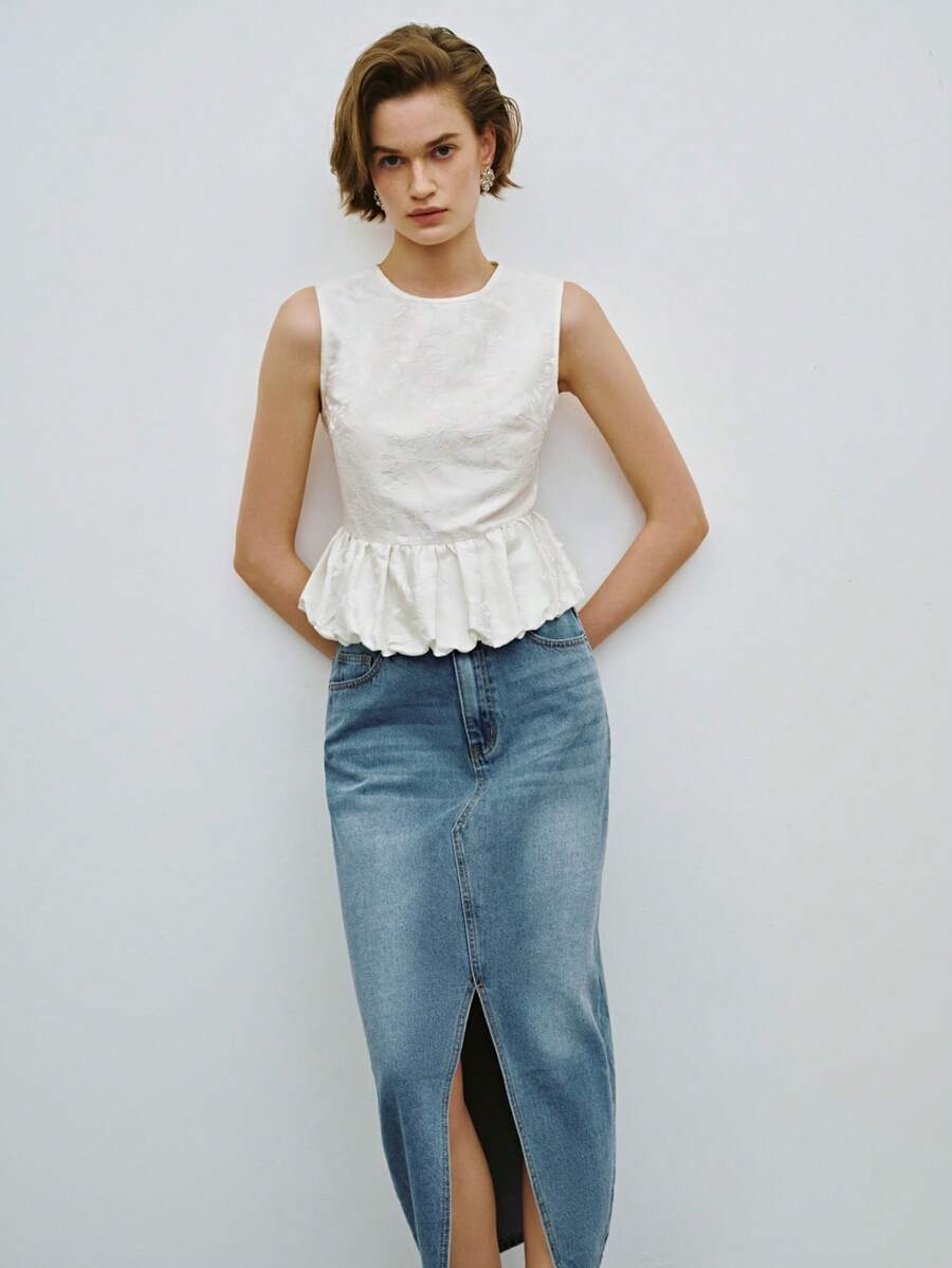 Lumivelle 女士优雅纯色提花无袖上衣，夏季 - 奶油色 - 查看 1