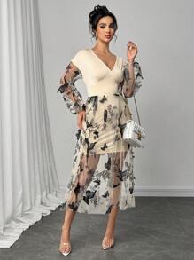 Modelyn Vestido com Cintura Cintada, Elegante, com Emenda de Tela e Bordado de Borboleta, Verão - Damasco - Visão 4