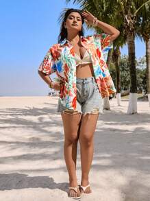 SHEIN EZwear Chemise grande taille d'été à taille serrée, Top de vacances pour la plage d'été - Blanc - Voir 5