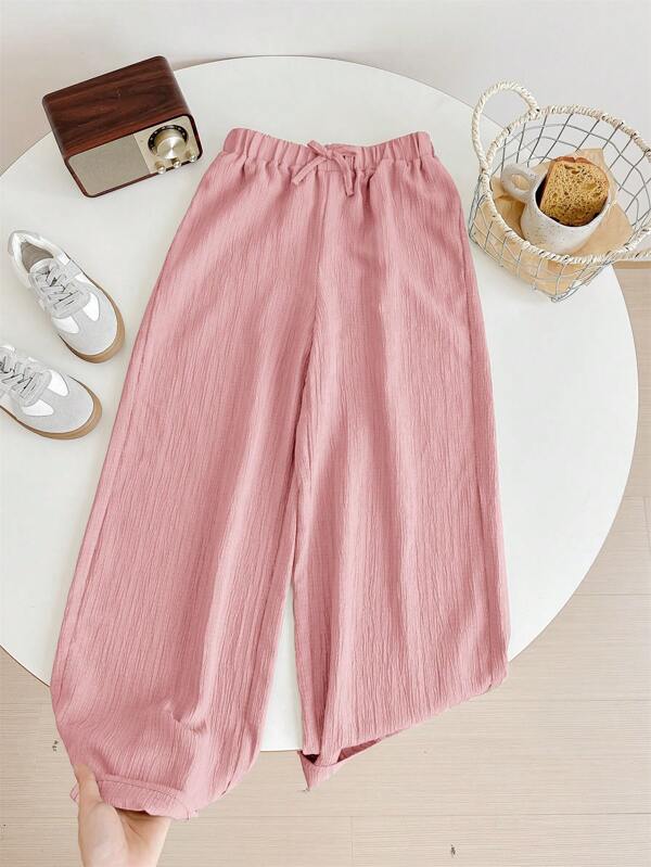 SHEIN LMoss Kids Pantalones anchos de pierna ancha con cintura elástica con cordón de tela texturizada para niñas preadolescentes