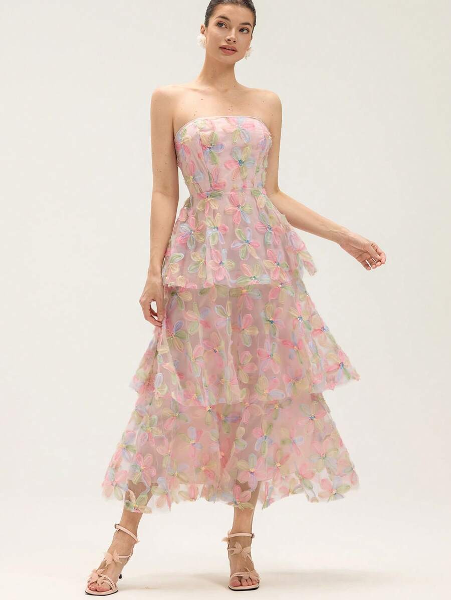 GENKIRA Pink Floral Elegant Embroidered Ditsy Floral Sleeveless Dress For Women,Summer Style Wedding Ninang Delicate Design Spring Autumn Fall - Multicolor - View 1
