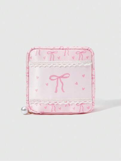 Kawaii Cute Pink Bow Design Thick Padded Large Capacity Portable Makeup Bag