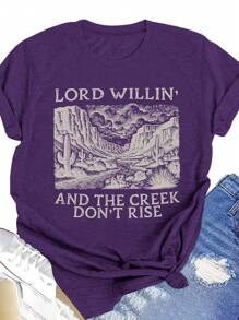 SHEIN LUNE Plus Size Women Summer Western Cowboy Desert Landscape Casual Round Neck Short Sleeve T-Shirt - Purple - View 3