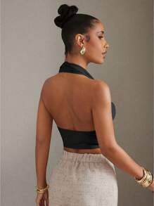 Hauture Women's Sexy Plunging Backless Draped Neck Sleeveless Top, Summer