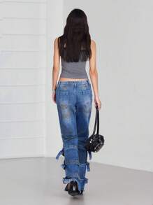 LYSMO Jeans casual a zampa con tasche e design con fibbia regolabile per donna