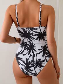 SHEIN Maternity Palm Tree Print Knotted Front Strap One-Piece Swimsuit For Summer Beach Vacation - Black - View 2