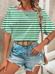 SHEIN LUNE Women's Green Striped Contrast Color Printed Bodysuit, Suitable For Vacation In Summer - Multicolor - View 4