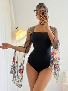 Gloray French Style Elegant Knit Mesh Embroidered Square Collar Bodysuit For Women, New Summer Collection, Black Fall Cloth For Women - Black - View 4