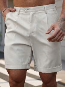 Manfinity Homme Pantalones cortos tipo bermuda casuales de talla grande para hombres, en color liso, con cierre de cremallera y bolsillos laterales inclinados, para el verano