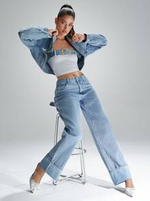 Denimoi Jeans a gamba dritta con vita bassa, orlo con risvolto, vestibilità rilassata