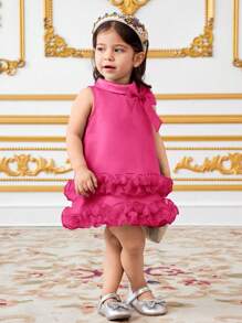 SHEIN Robe élégante à col, nœud papillon et volants pour bébé fille - Rose vif - Voir 5