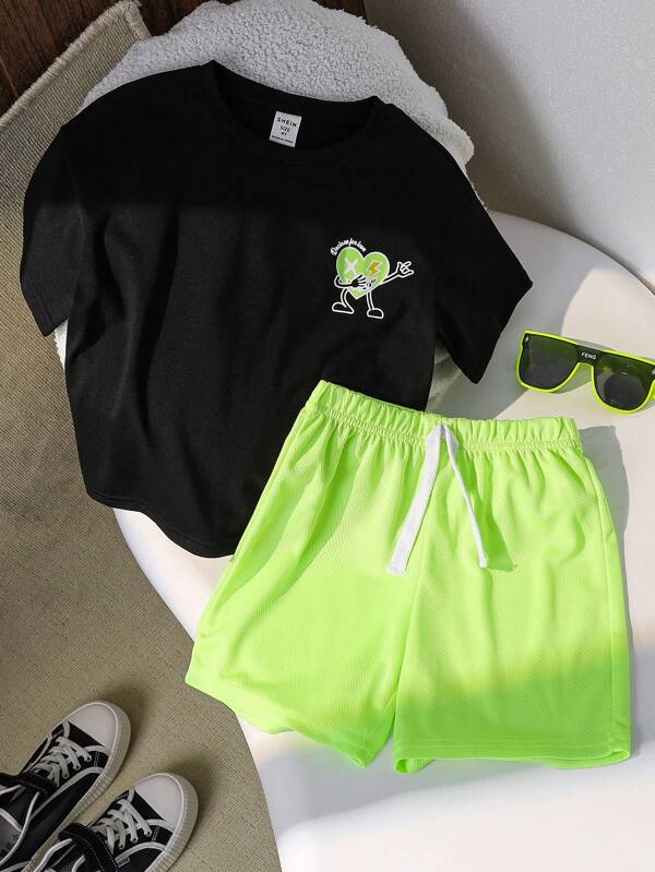 2pcs/Set Young Boys Casual Korean Style Cute Comfortable Minimalist Practical Soft Round Neck T-Shirt & Shorts Set, Suitable For Daily, School, Travel, Sports, Spring/Summer, Valentine's Day