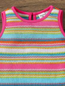 SHEIN Baby Girls' Casual Cute Colorful Striped Contrast Ruffle Trim Dress - Pink - View 9