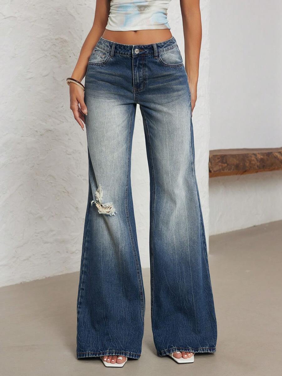 SHEIN ICON Women's Pockets Distressed Low Waisted Flare Leg Jeans ...