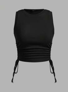 SHEIN EZwear 两件套罗纹蝴蝶结抽绳褶饰短款背心 - 彩色 - 查看 3