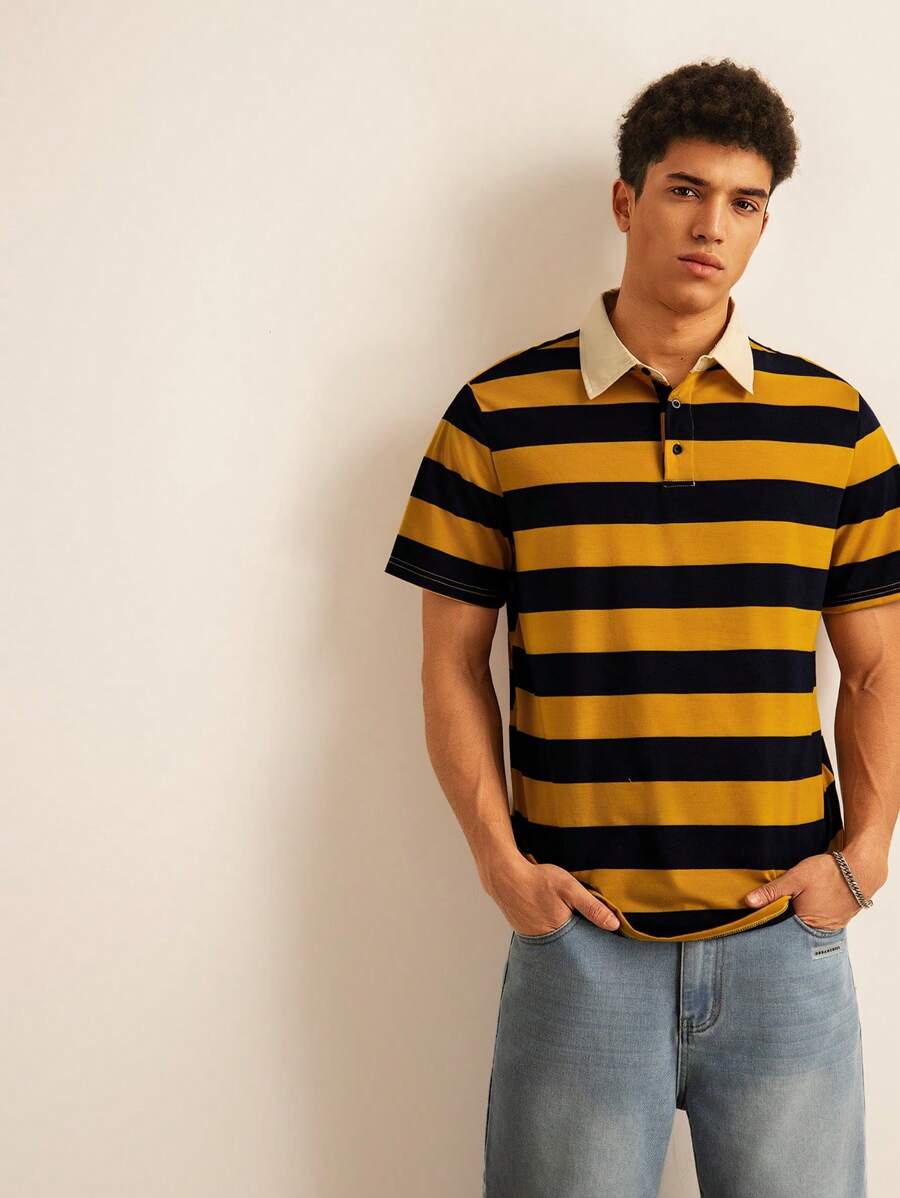 EASEVO Plus Size Men's Casual Yellow Striped Polo Shirt Summer Graduation Back-To-School College Style Pattern Short Sleeve Skin-Friendly Breathable Tshirts - Multicolor - View 1