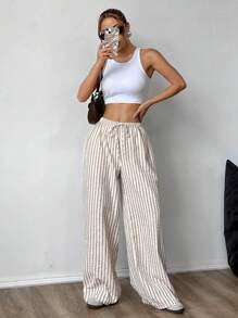 SHEIN Tall CURVE 大码休闲宽松条纹阔腿裤 - 杏色 - 查看 4