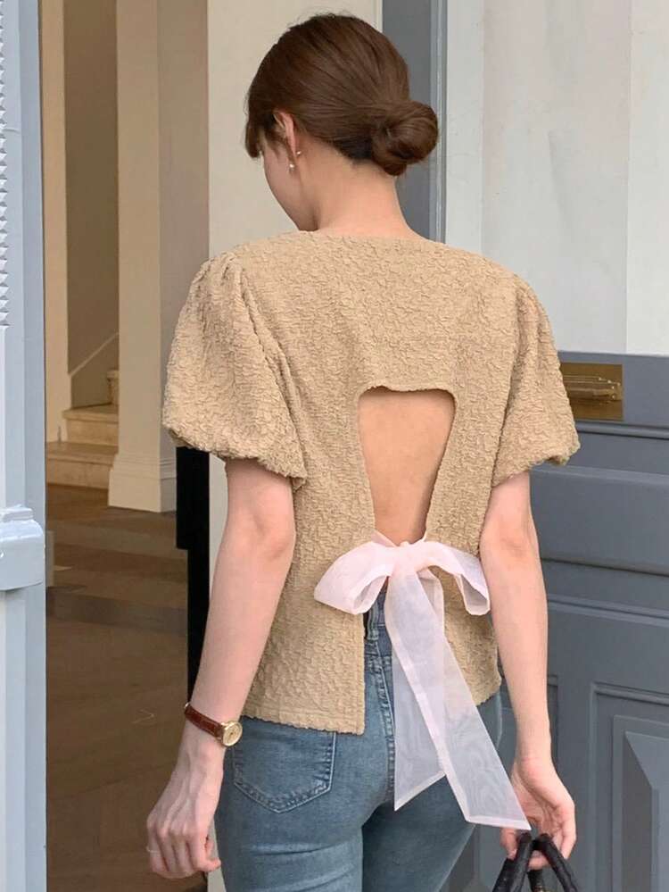 Crew Neck Puff Sleeve Cropped Backless Bowknot Short Sleeve Casual T-Shirt For Young Women