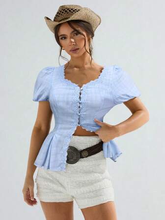 Athîral Women's Blue Lace Trim V Neck Button Front Casual Retro Plaid Puff Sleeve Shirt Western Wear