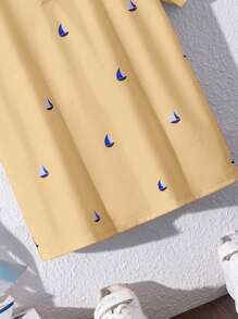 Tween Boy Casual Allover Pattern Short Sleeve Polo Shirt - Khaki - View 5