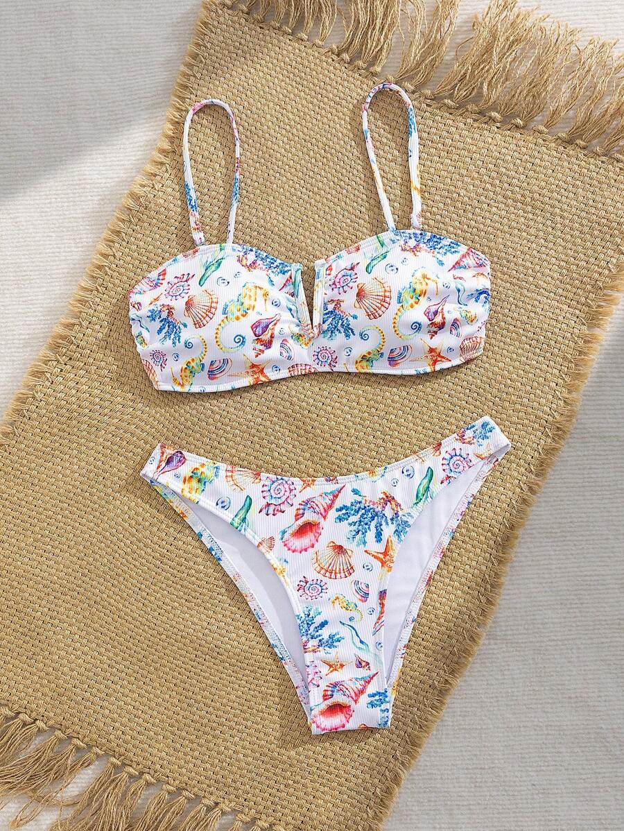 Swim Mod 2pcs Women's Summer Swimwear Set: Random Printed & Ribbed Texture Camisole Top And Bikini Bottom, Bohemian Style - Multicolor - View 1