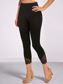 Amorya Contrast Lace Leggings Fall/Winter Women Clothes Back To School Modest Vintage Old Money Teacher Outfits For Women Airport Summer Outfit For Women - Black - View 7