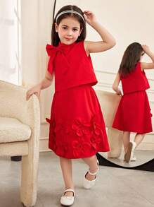 SHEIN 2pcs Young Girl Set: Simple Comfortable Round Neck Sleeveless Top With 3D Bow Decoration And Skirt - Red - View 4