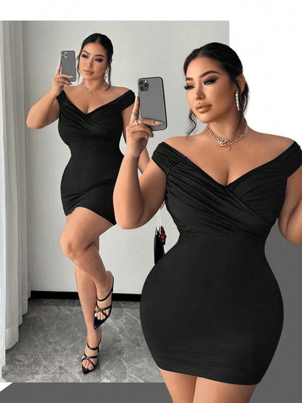SHEIN SXY Plus Size Women's Off Shoulder Tight Fitted Dress With Waist Ruching, Suitable For Everyday Wear, Festivals, Date Night, Birthday, Bachelorette Party, Weddings, Elegant, Casual, Shopping, Streetwear, Going Out, Easy To Match & Looks Slim, Accentuates Your Body, Flatters The Figure,Summer Outfits For Women