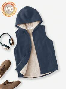 SHEIN 青少年男孩時尚休閒純色保暖背心外套 - 藏蓝色 - 查看 1