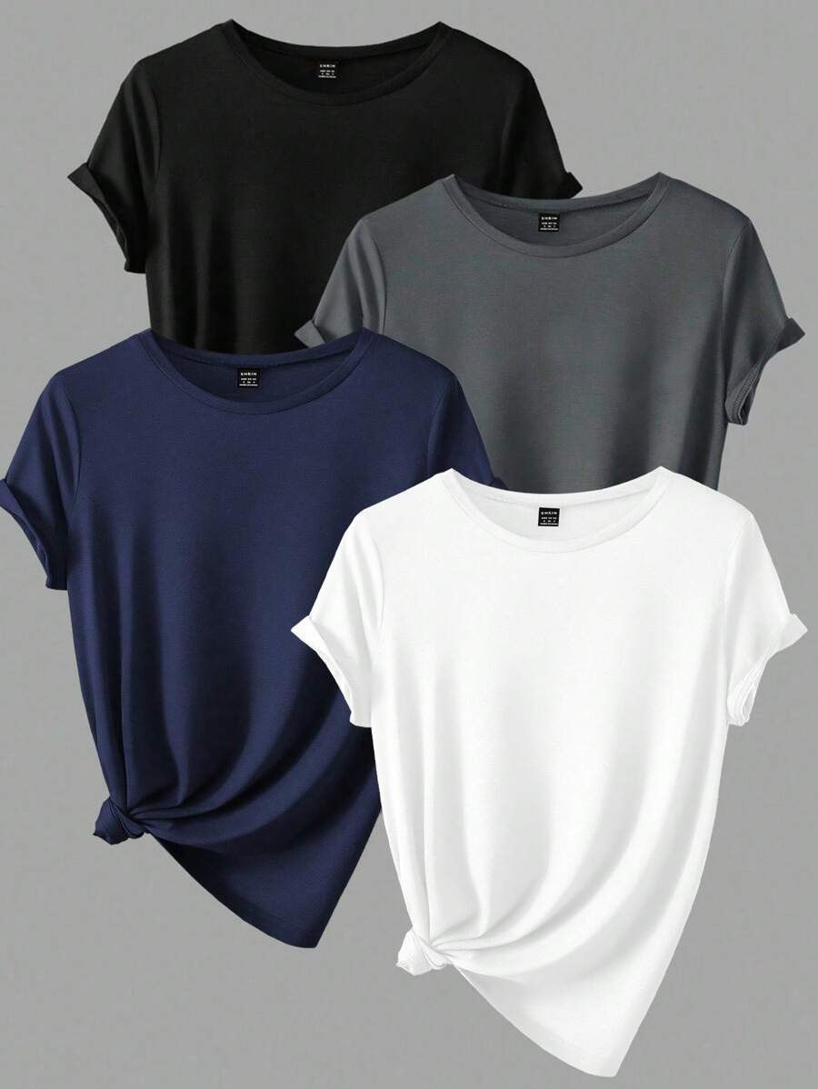 INAWLY 1套女式纯色休闲四件套圆领短袖T恤上衣 - 彩色 - 查看 1