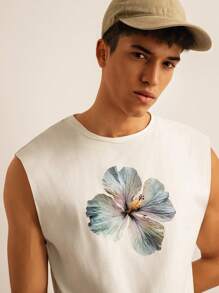 SWAVVY Men's Floral Print Round Neck Tank Top, White - White - View 3
