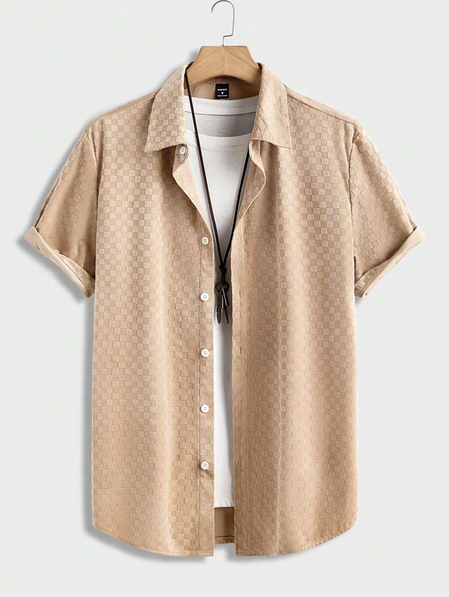 Manfinity RelaxMax 男士夏季休闲纯色纹理衬衫 - 卡其色 - 查看 1