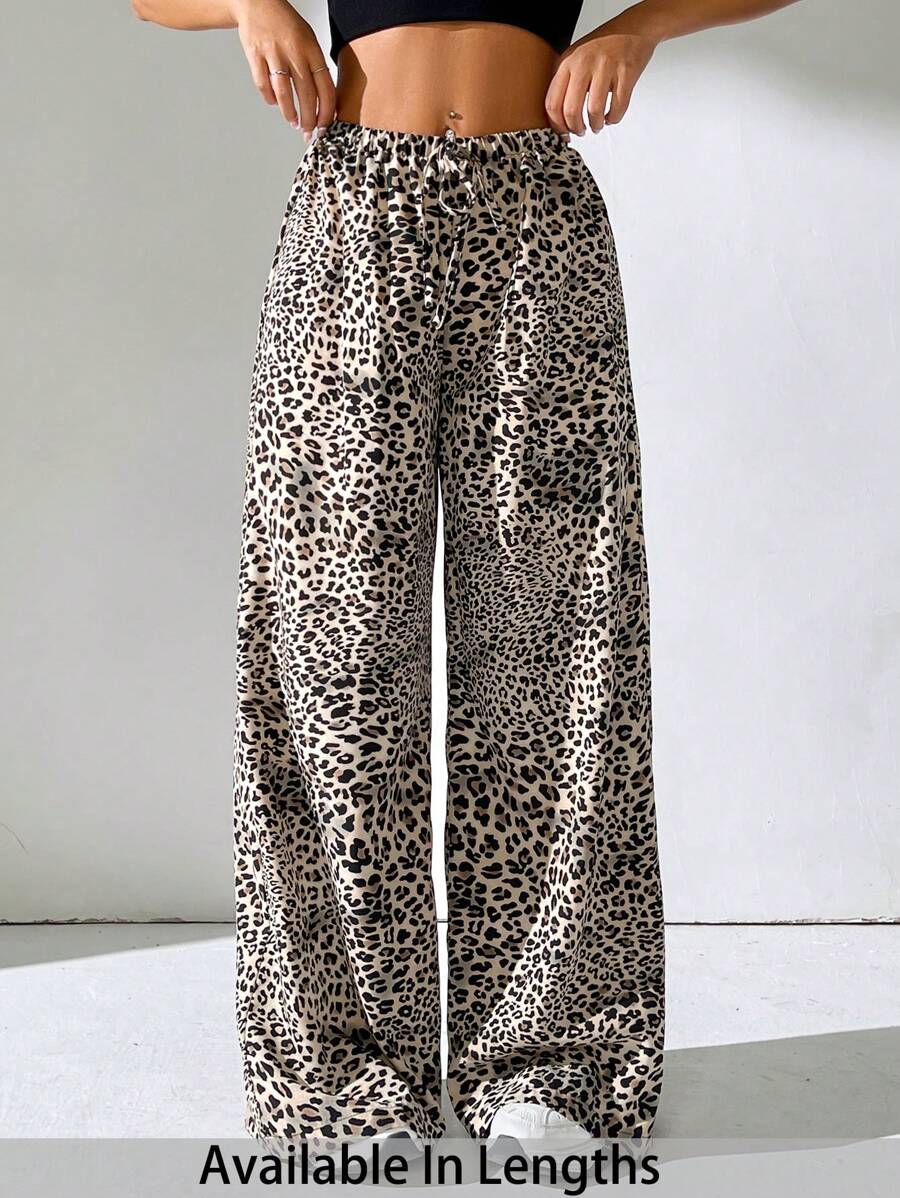 SHEIN PETITE CURVE 大码豹纹抽绳腰休闲裤 - 鏽棕色 - 查看 1