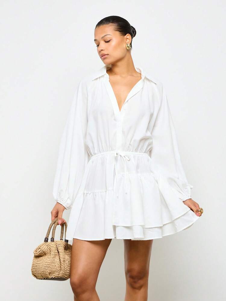 AiiRZ Elegant Long Sleeve Drawstring Ruffle Tiered Mini Shirt Dress Fall Spring Resort Vacation Wedding Guest Lightweight Flowy Holiday Brunch Party
