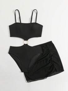 Tween Mädchen Badeanzug, Einfarbig, mit Ausschnitten, mit Cover-Up-Rock für den Strandurlaub