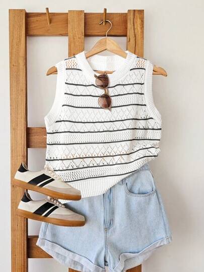 Breezaya 女式条纹印花圆领无袖休闲针织背心，夏季